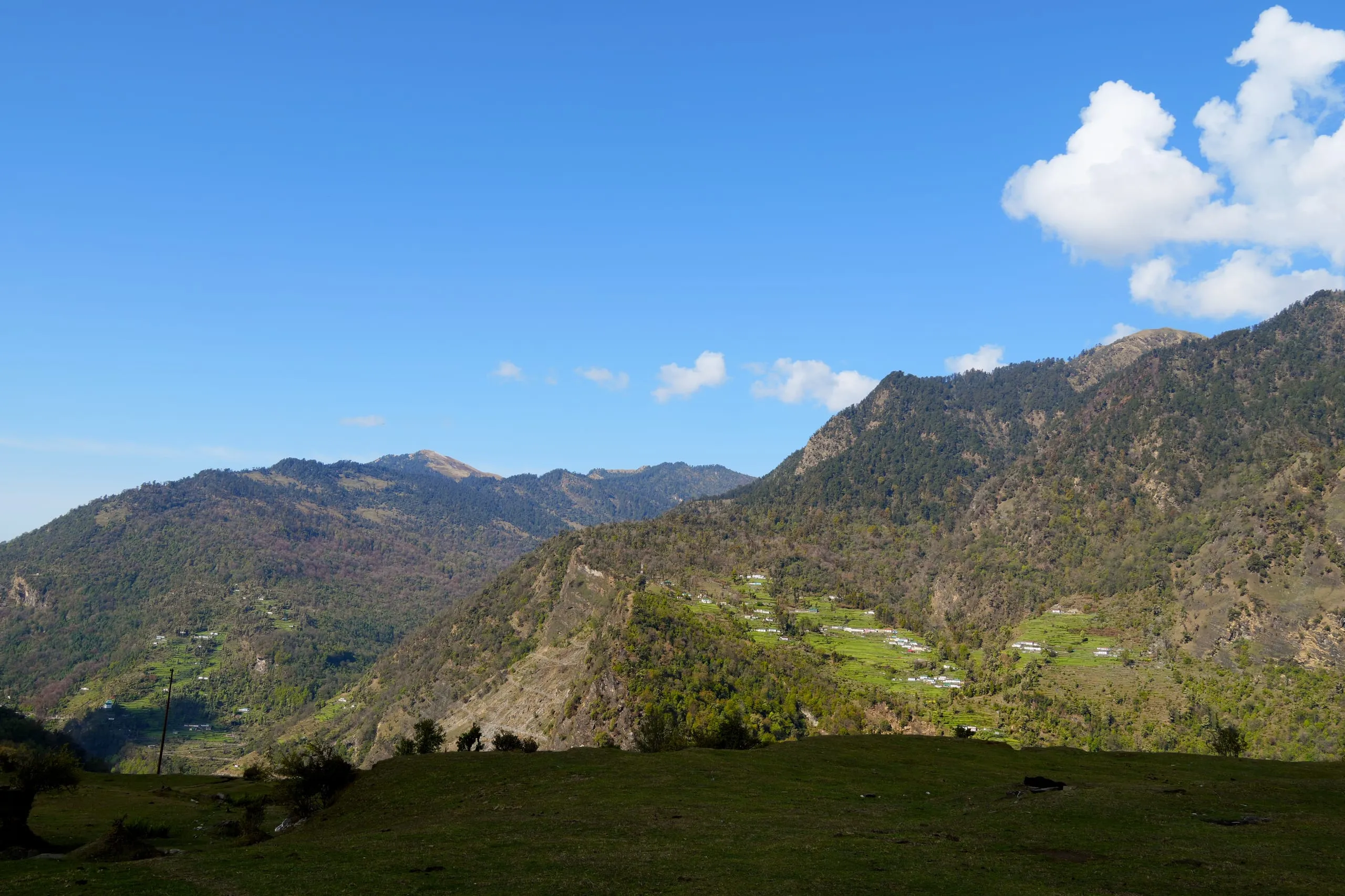 Terraced fields and scattered white houses on a green hillside below wooded ridges